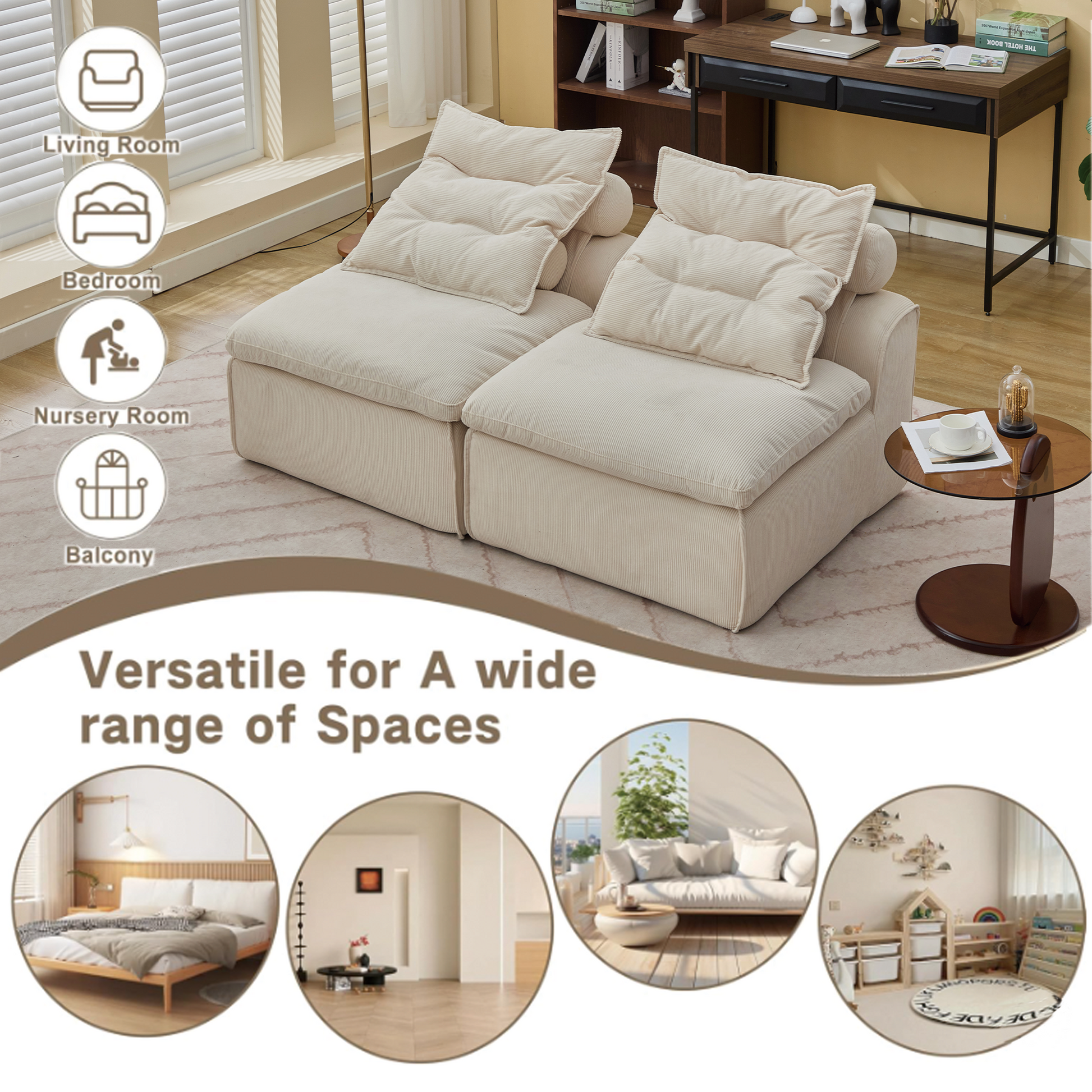 Cream corduroy sectional sofa with plush cushions in a living room setting