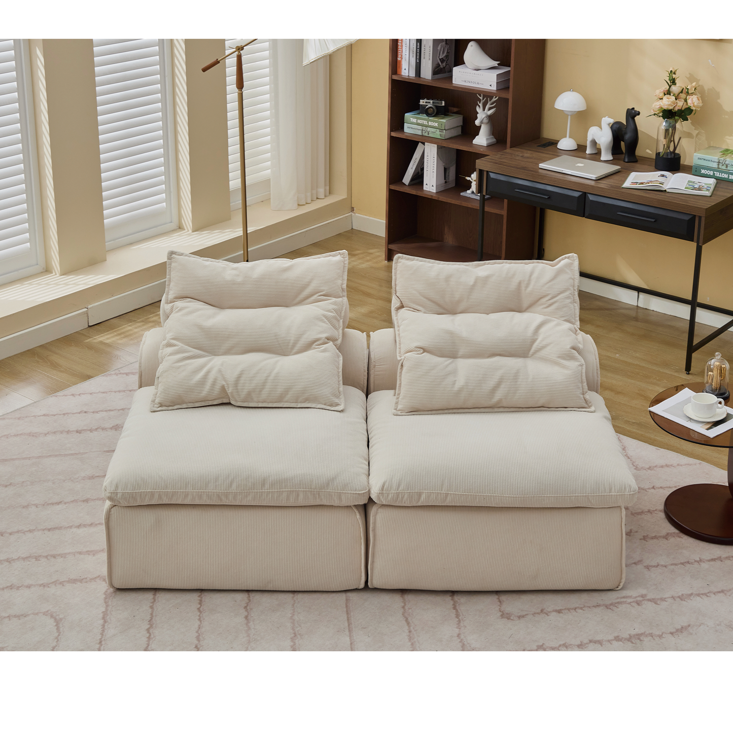 Plush beige corduroy modular sofa with deep comfortable seating