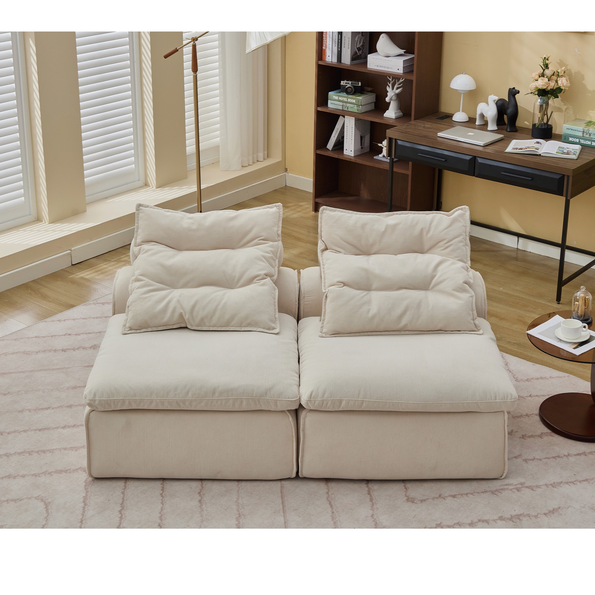 Plush beige corduroy modular sofa with deep comfortable seating