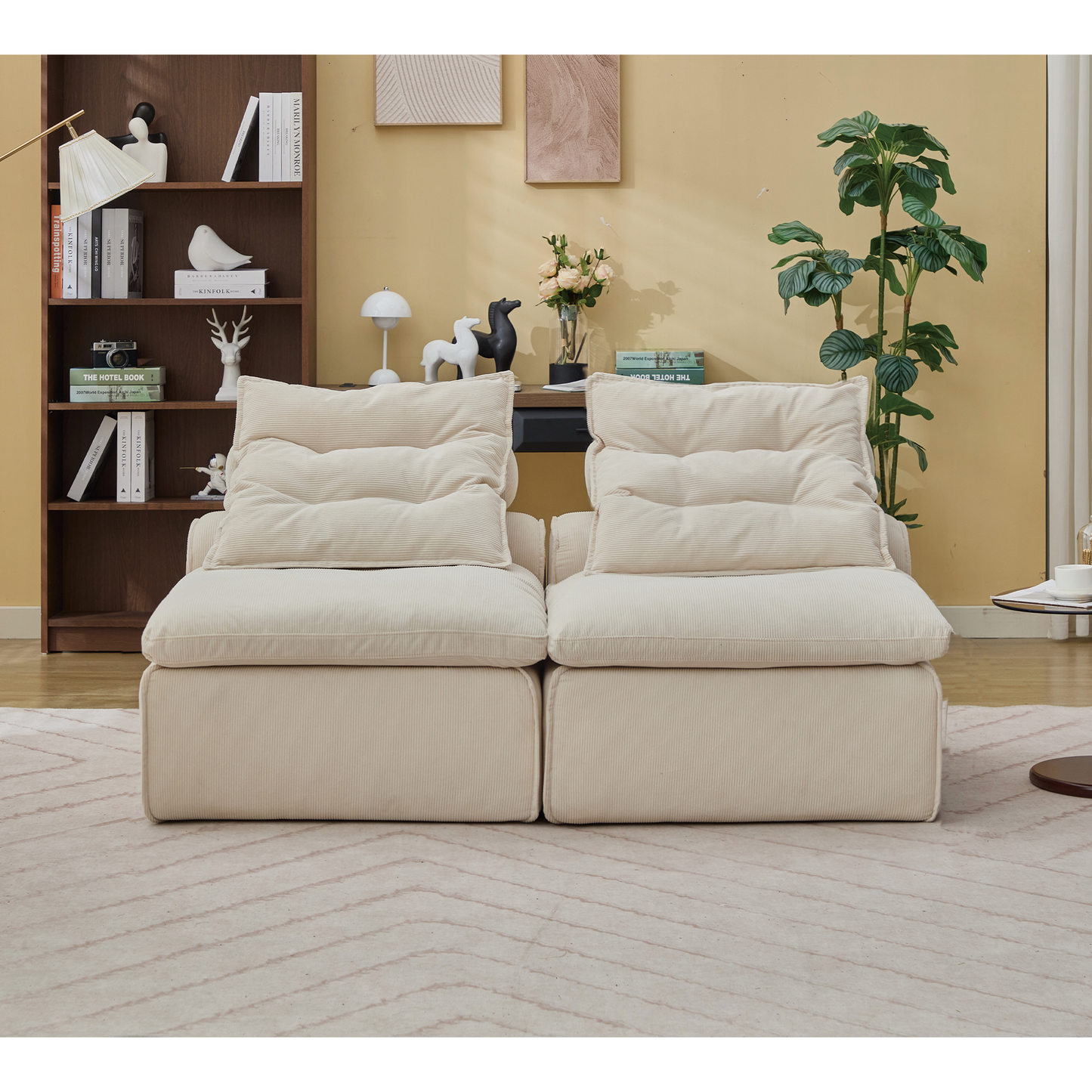 Cream corduroy sectional sofa with plush removable cushions and a low profile design