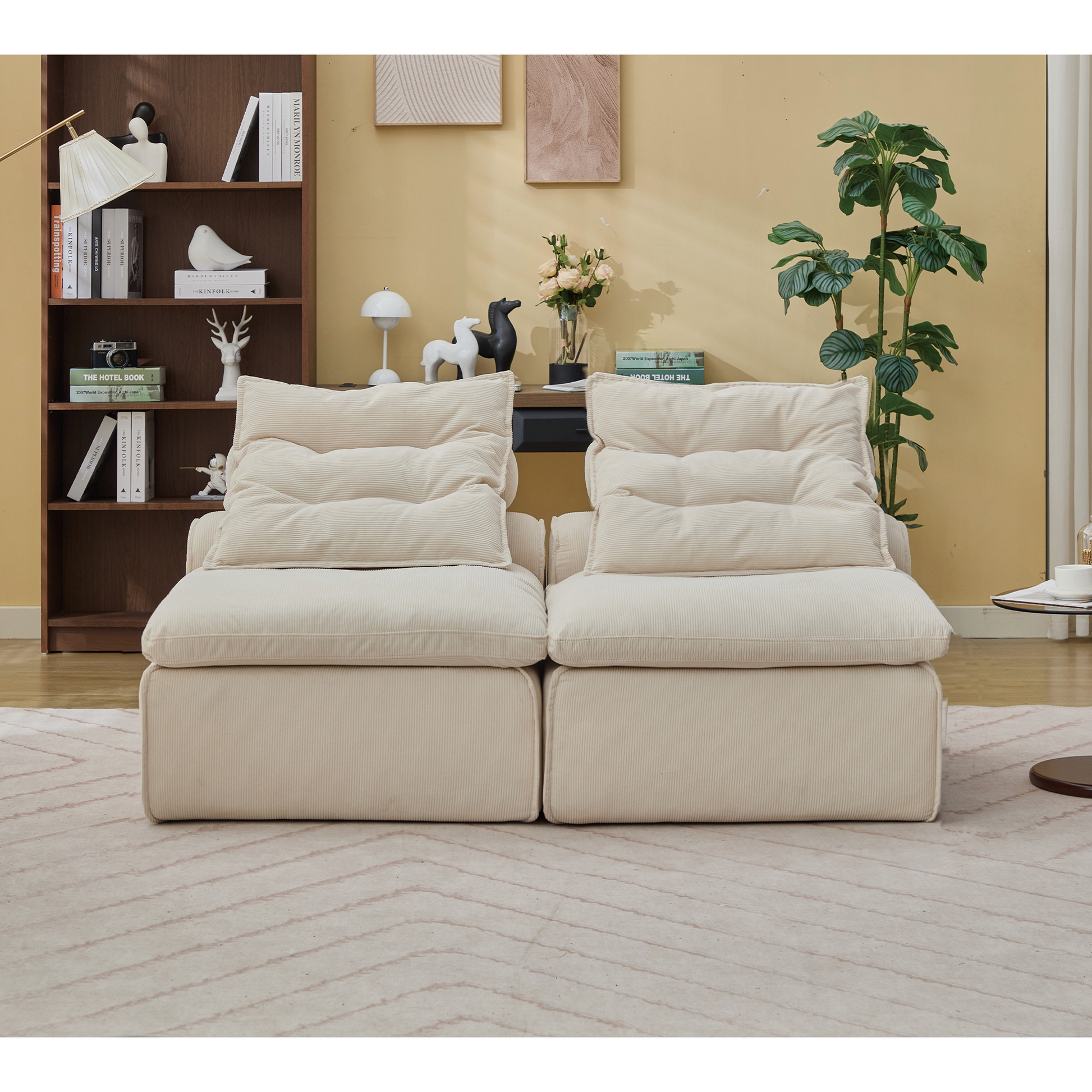 Cream corduroy sectional sofa with plush removable cushions and a low profile design