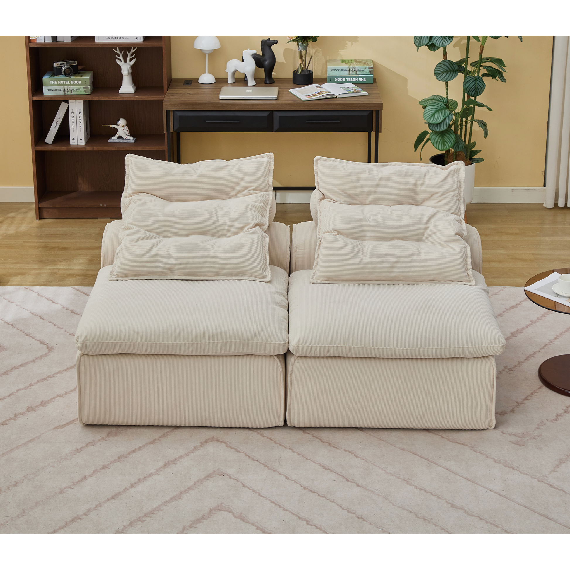 Cream corduroy sectional sofa with plush cushions and removable covers