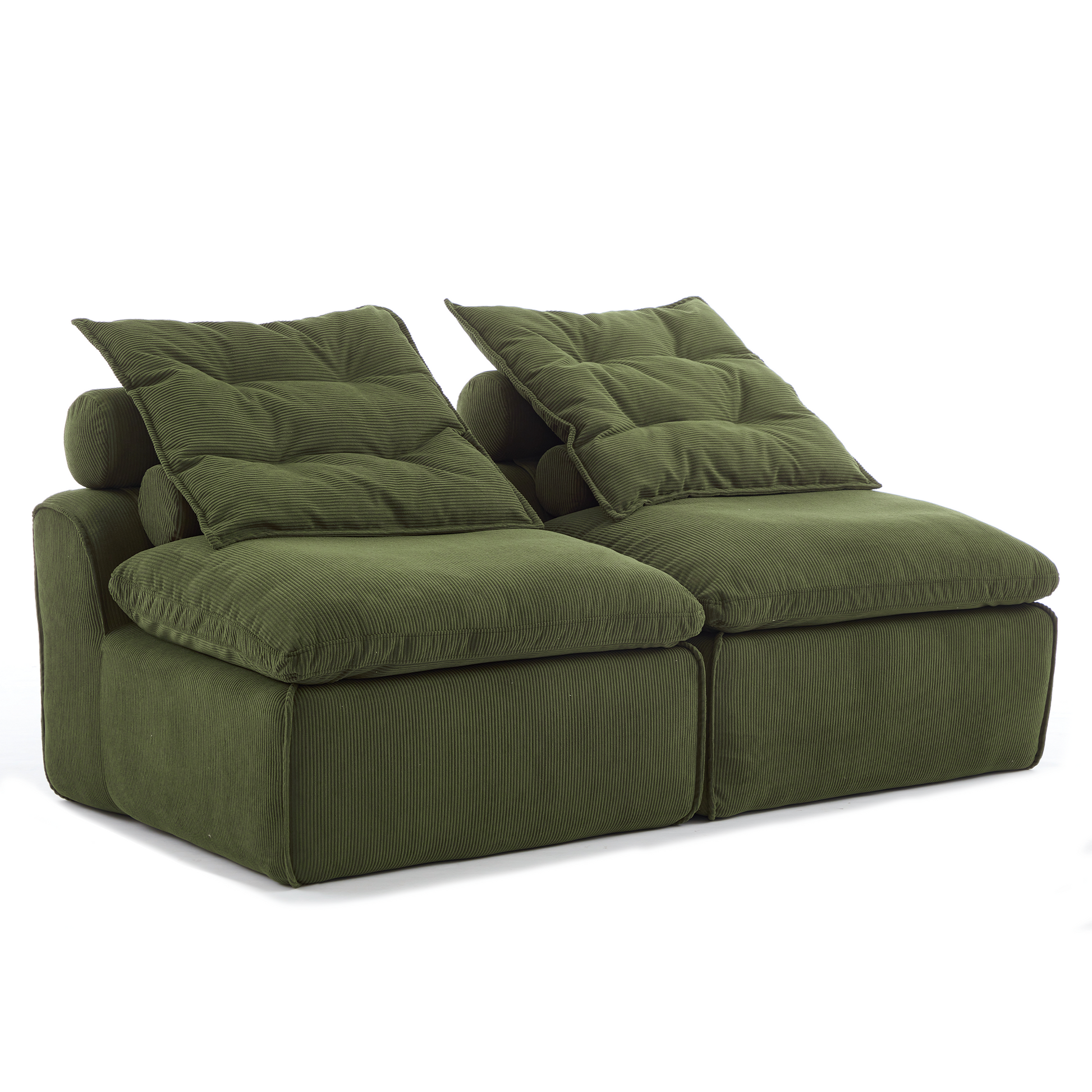 Plush green corduroy sofa with deep tufted cushions perfect for a cozy living room
