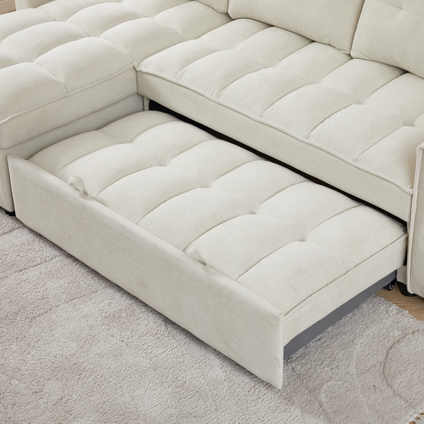 Cream sectional sofa with pullout bed extended plush fabric