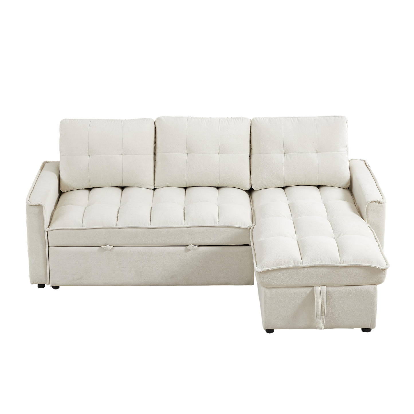 Cream fabric sectional sofa with tufted cushions and pullout bed functionality