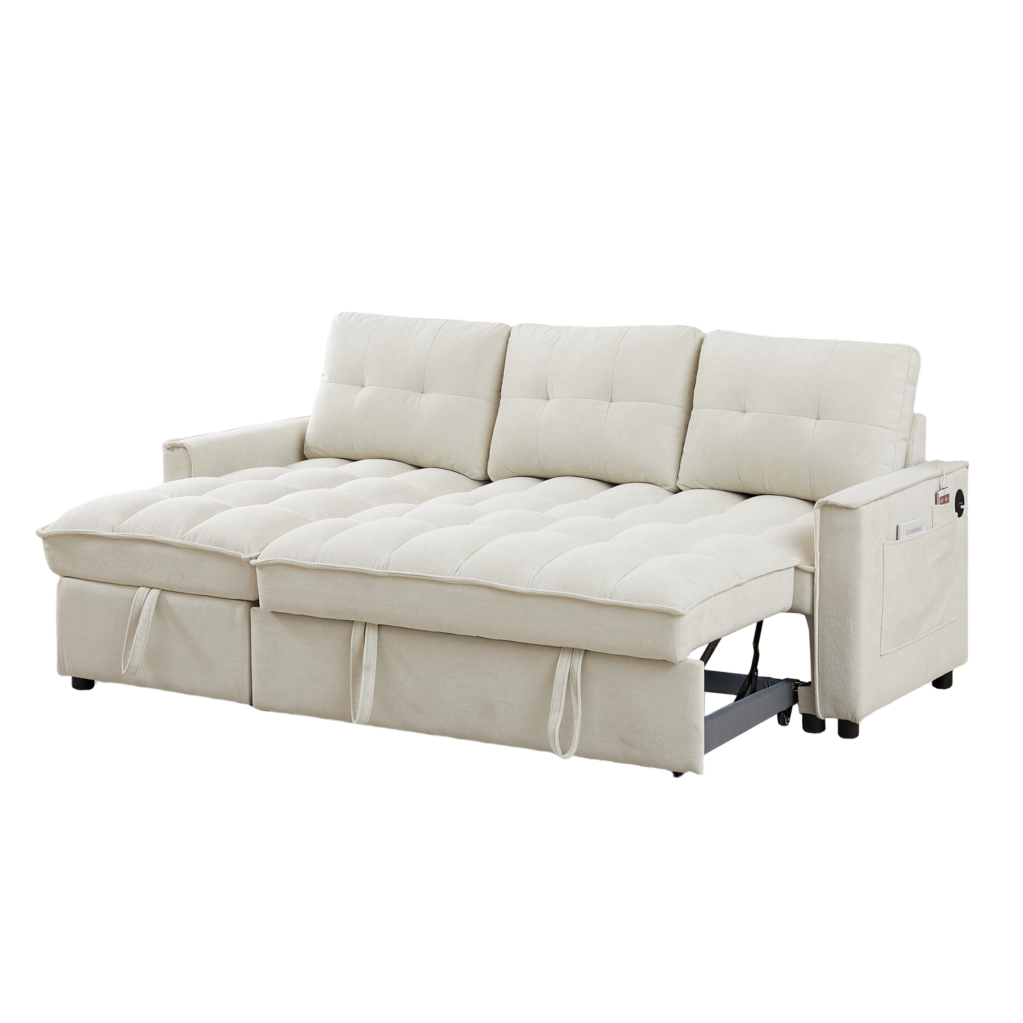 Cream tufted fabric sofa bed with chaise lounge pulled out and storage compartments visible