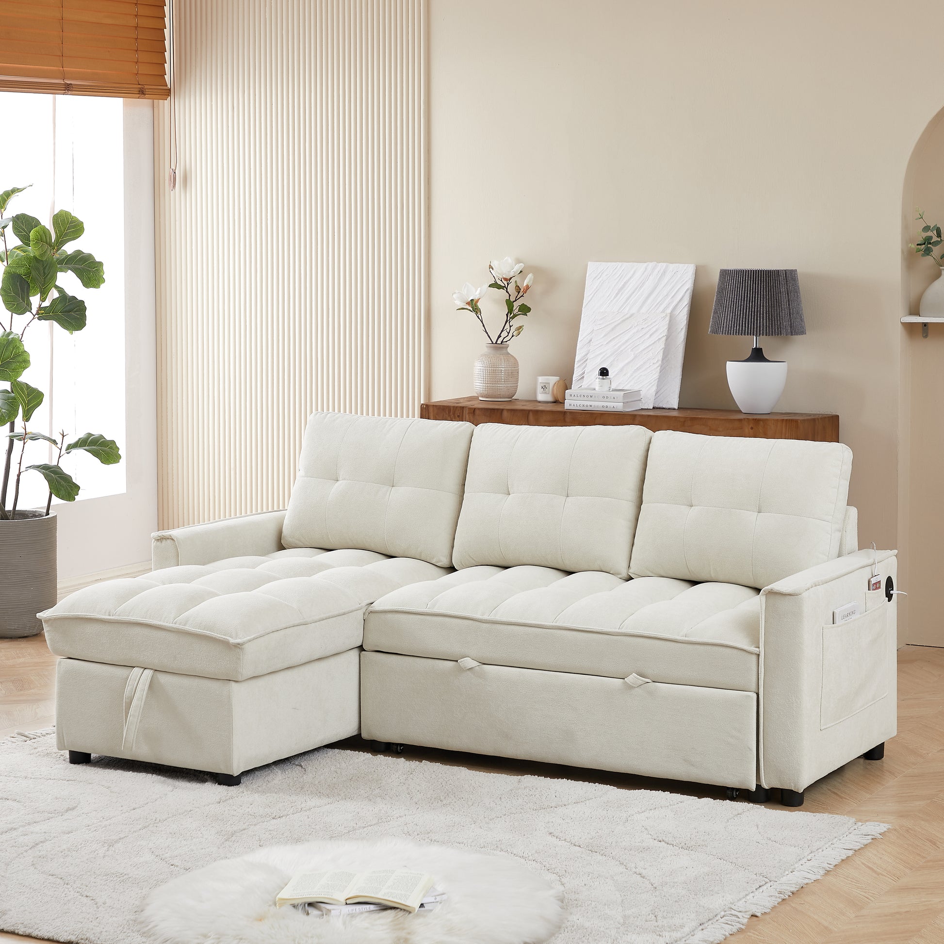 Cream sectional sofa with storage chaise and USB ports perfect for modern living rooms