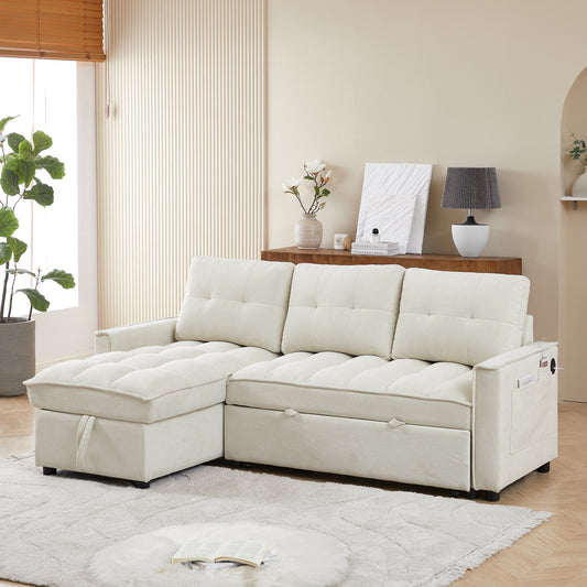 Cream sectional sofa with storage chaise and USB ports perfect for modern living rooms