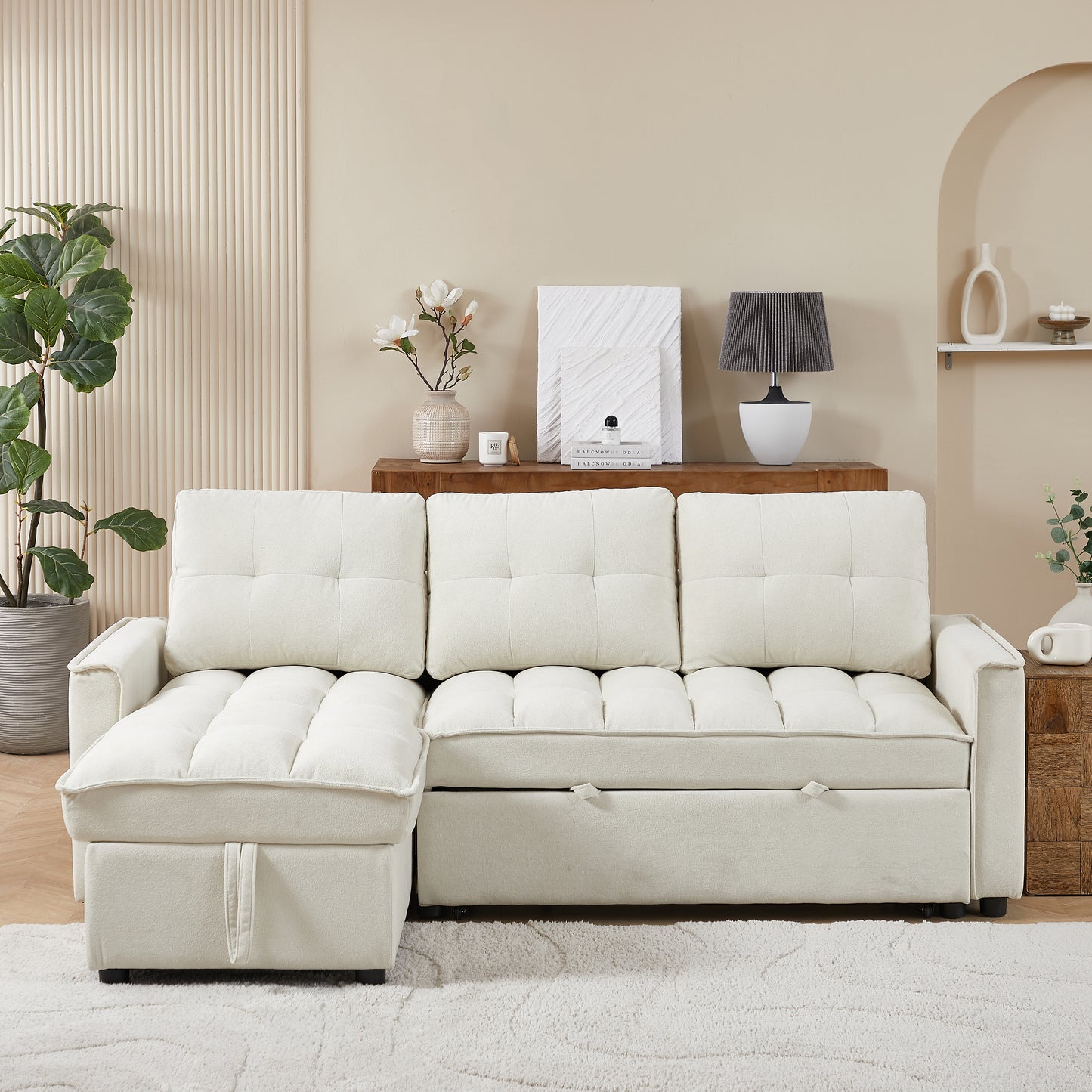 Tufted cream sectional sofa with chaise lounge and hidden storage perfect for modern living rooms