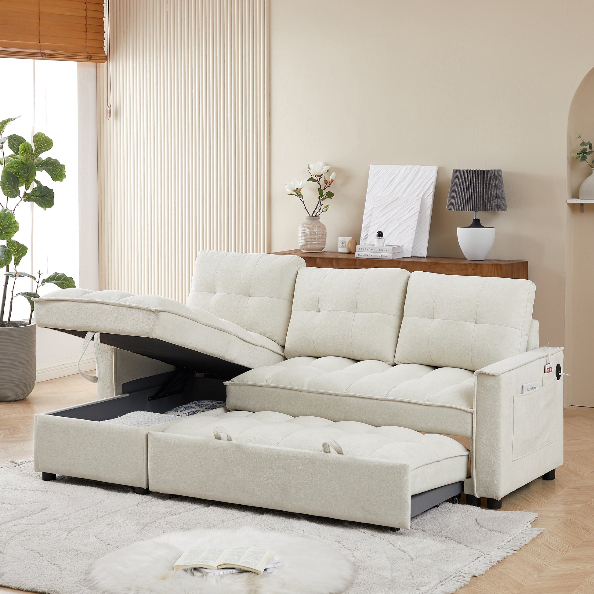 Cream fabric sectional sofa with storage pulled out into a bed