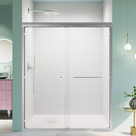Frameless glass shower door with chrome handle and rain shower head