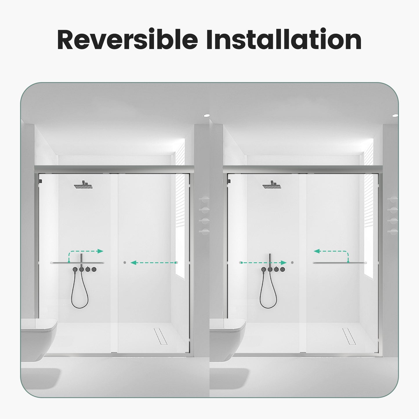 Modern glass shower enclosure with reversible installation and chrome fixtures