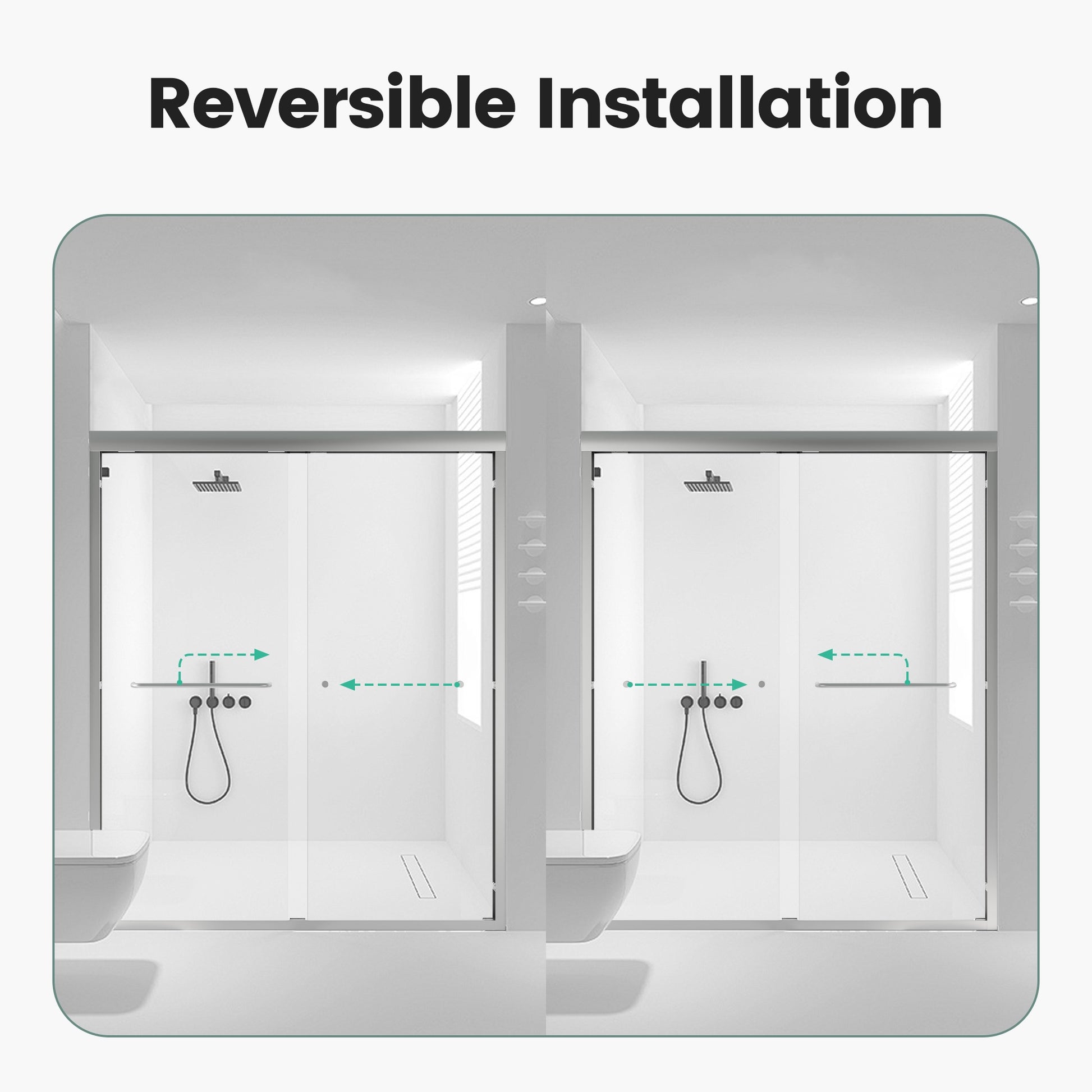 Modern glass shower enclosure with reversible installation and chrome fixtures