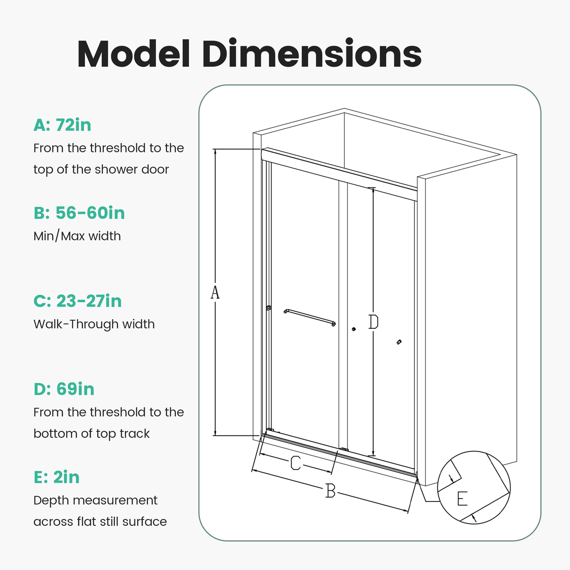 Shower door model dimensions in height from threshold to top track in minmax width