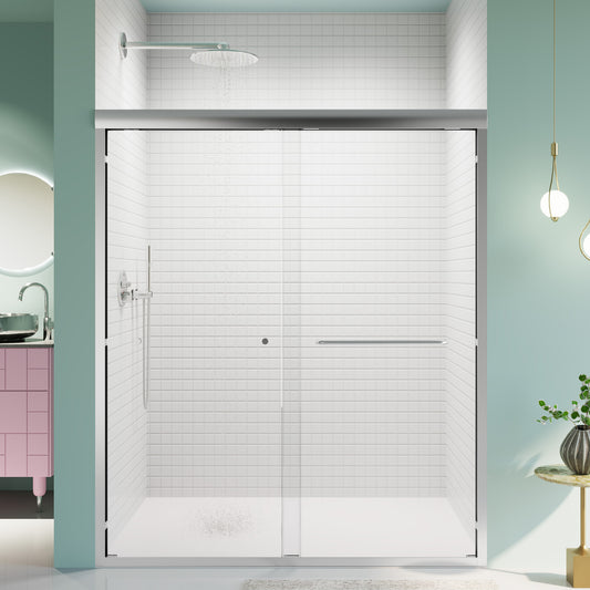Modern frameless glass shower door with chrome handle and brushed nickel fixtures