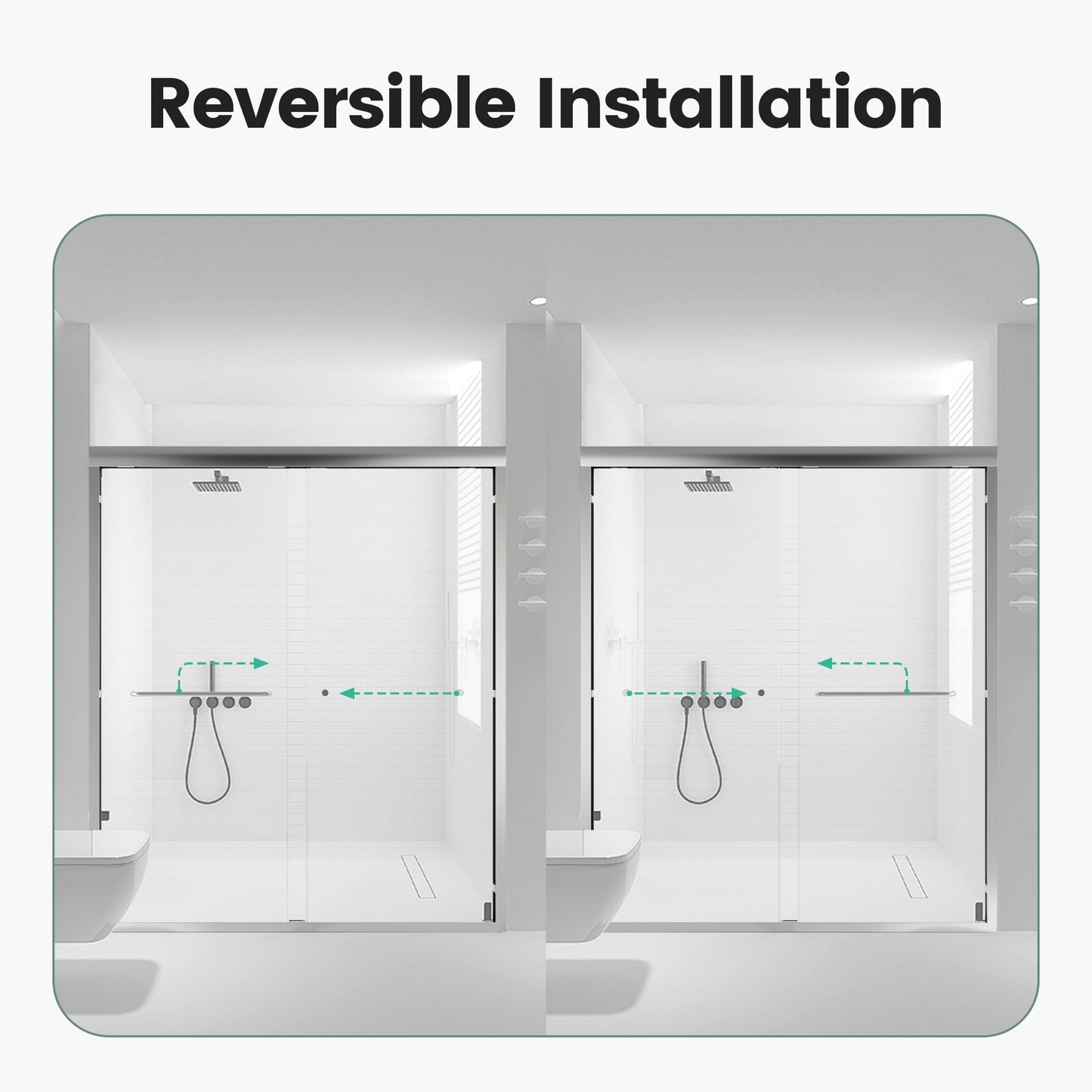 Modern glass shower enclosure with reversible installation chrome fixtures and showerhead