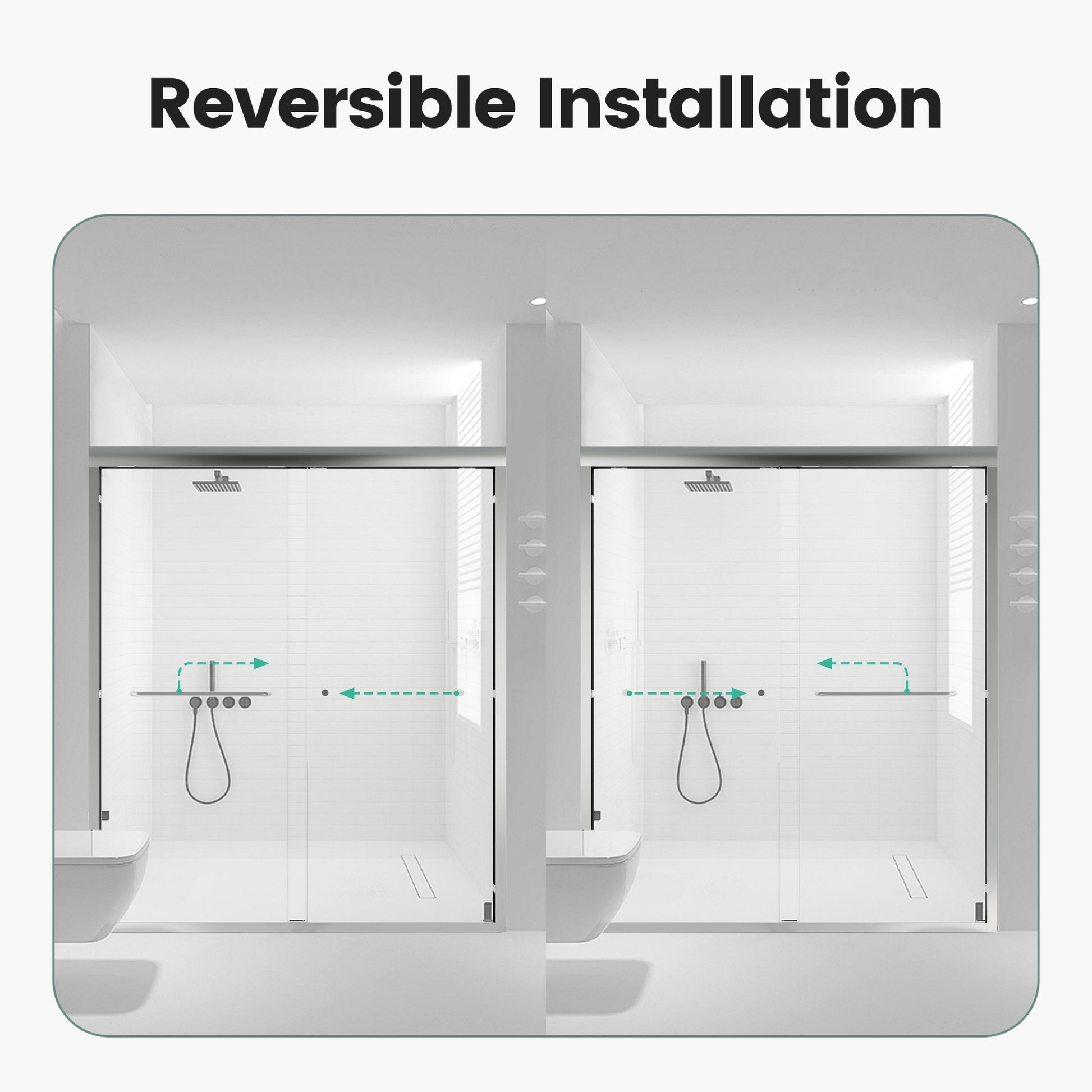 Modern glass shower enclosure with reversible installation chrome fixtures and showerhead