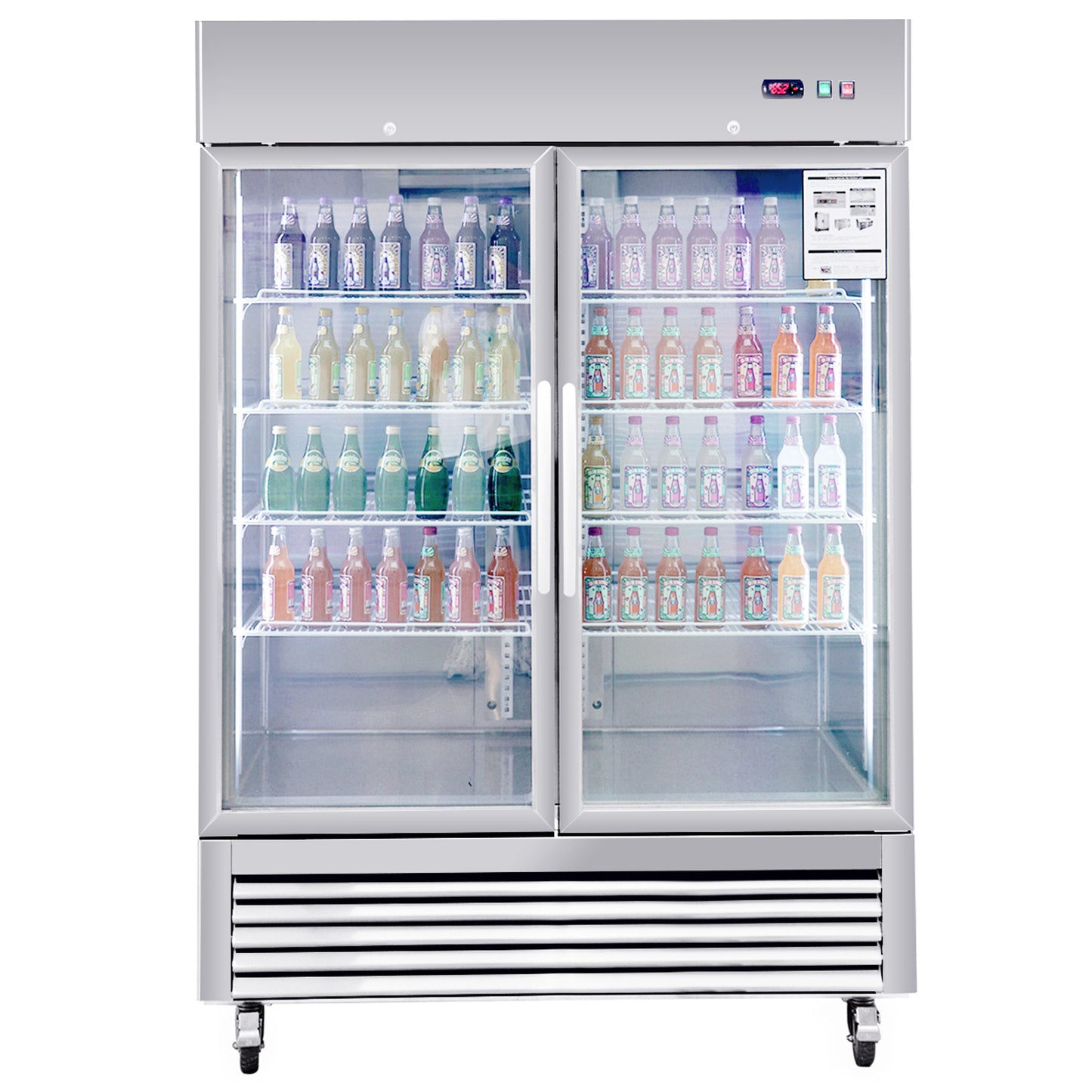 Doubledoor commercial refrigerator stocked with assorted bottled beverages