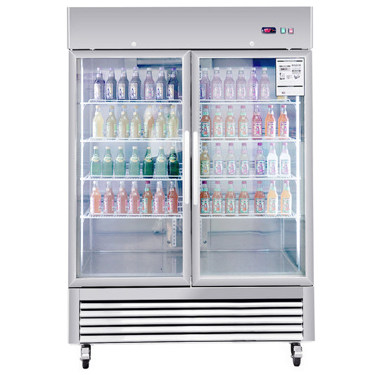 Doubledoor commercial refrigerator stocked with assorted bottled beverages
