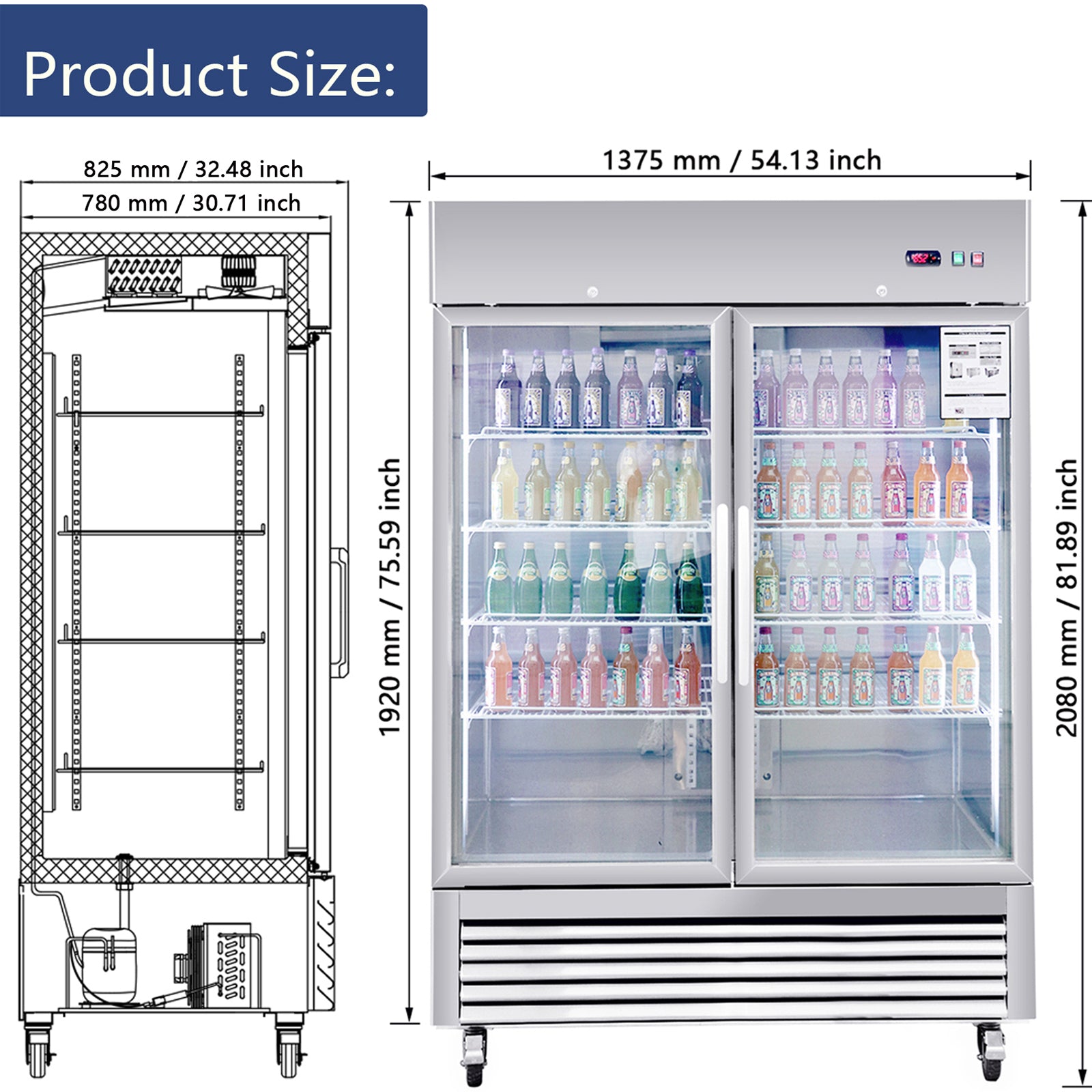 Commercial glass door refrigerator showcasing bottled beverages on multiple shelves