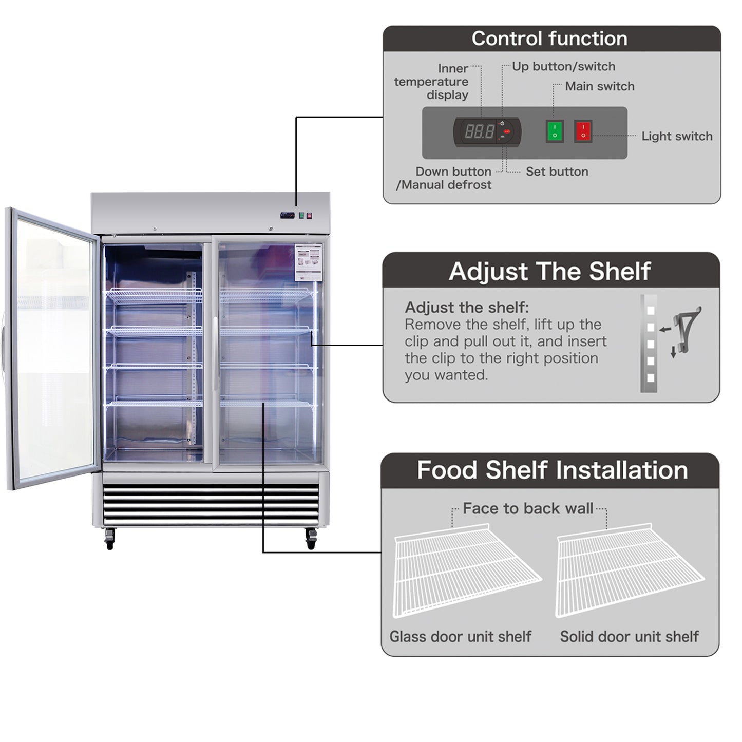 Stainless steel commercial refrigerator with clear glass doors and adjustable shelves