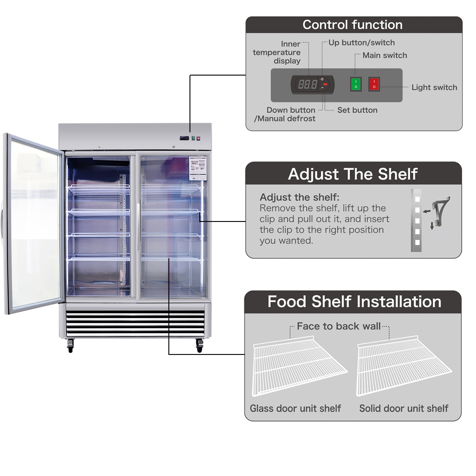 Stainless steel commercial refrigerator with clear glass doors and adjustable shelves