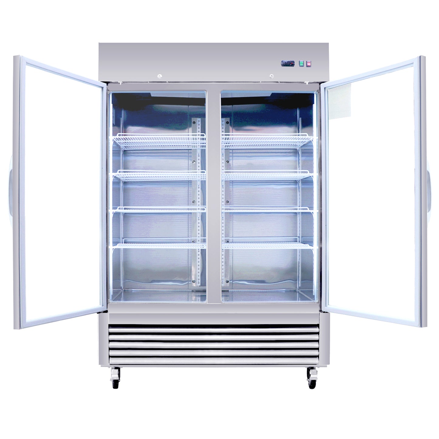 Stainless steel commercial refrigerator with double glass doors open and empty shelves visible