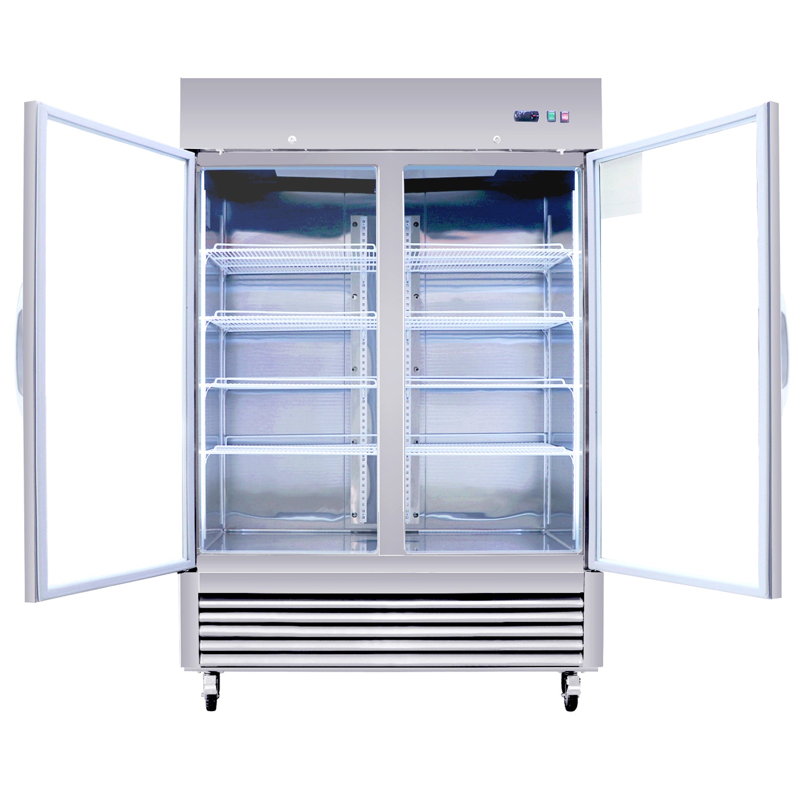 Stainless steel commercial refrigerator with double glass doors open and empty shelves visible