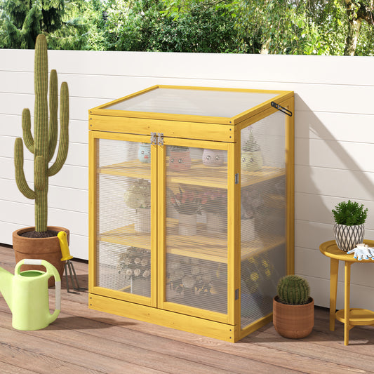Yellow wooden mini greenhouse with three shelves for plants