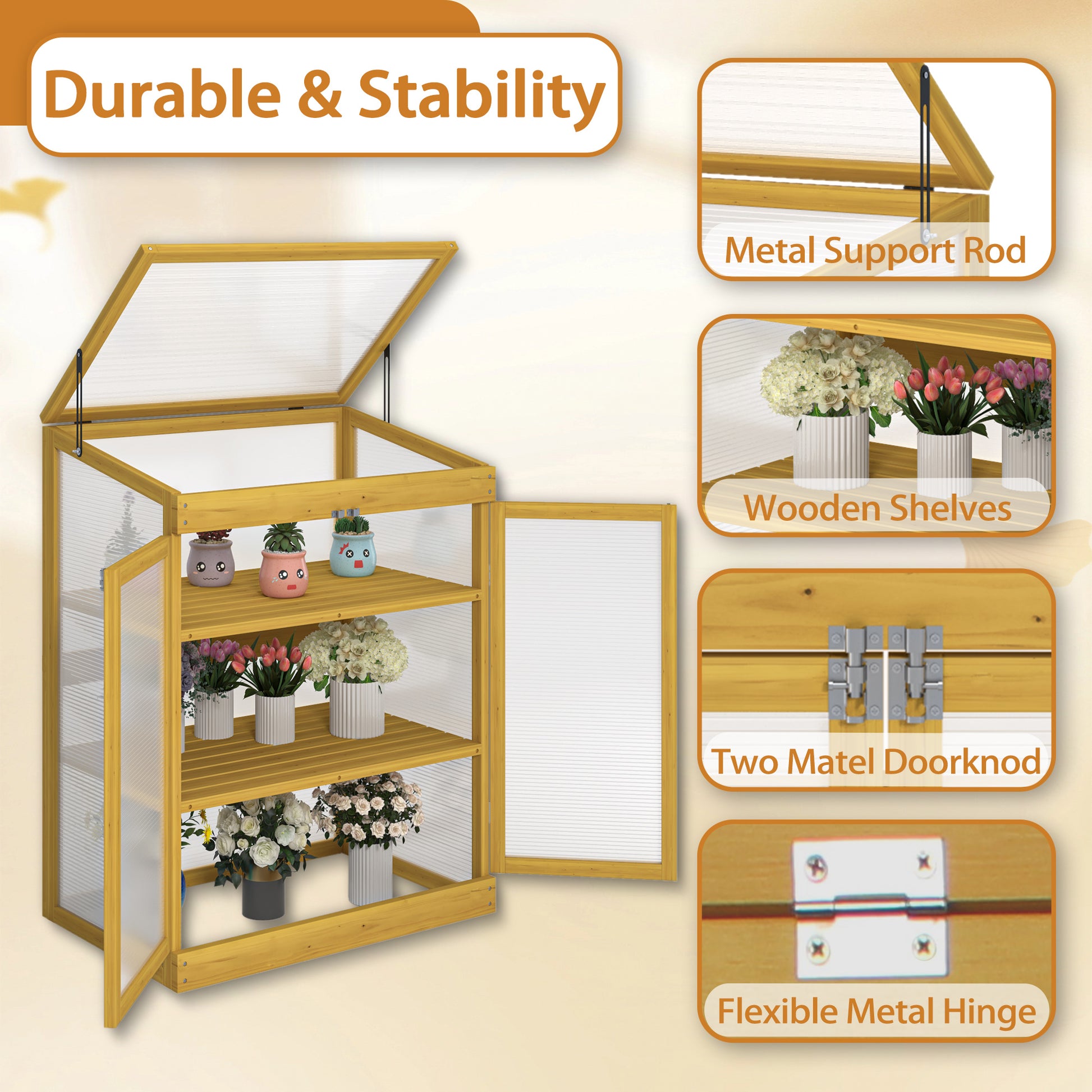 Wooden greenhouse with three shelves featuring metal hinges and support rod for plants