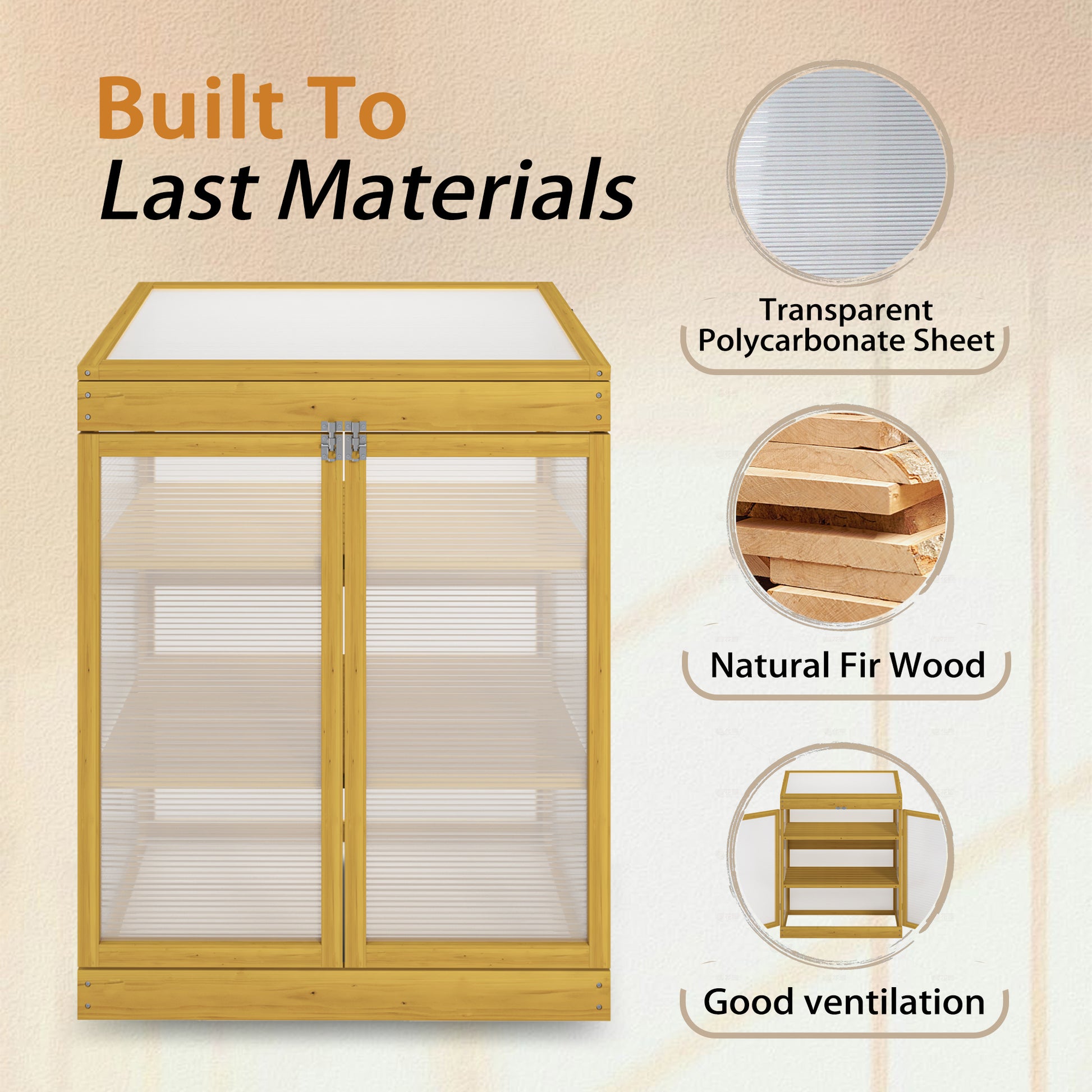 Wooden plant greenhouse with transparent polycarbonate panels and ample shelving