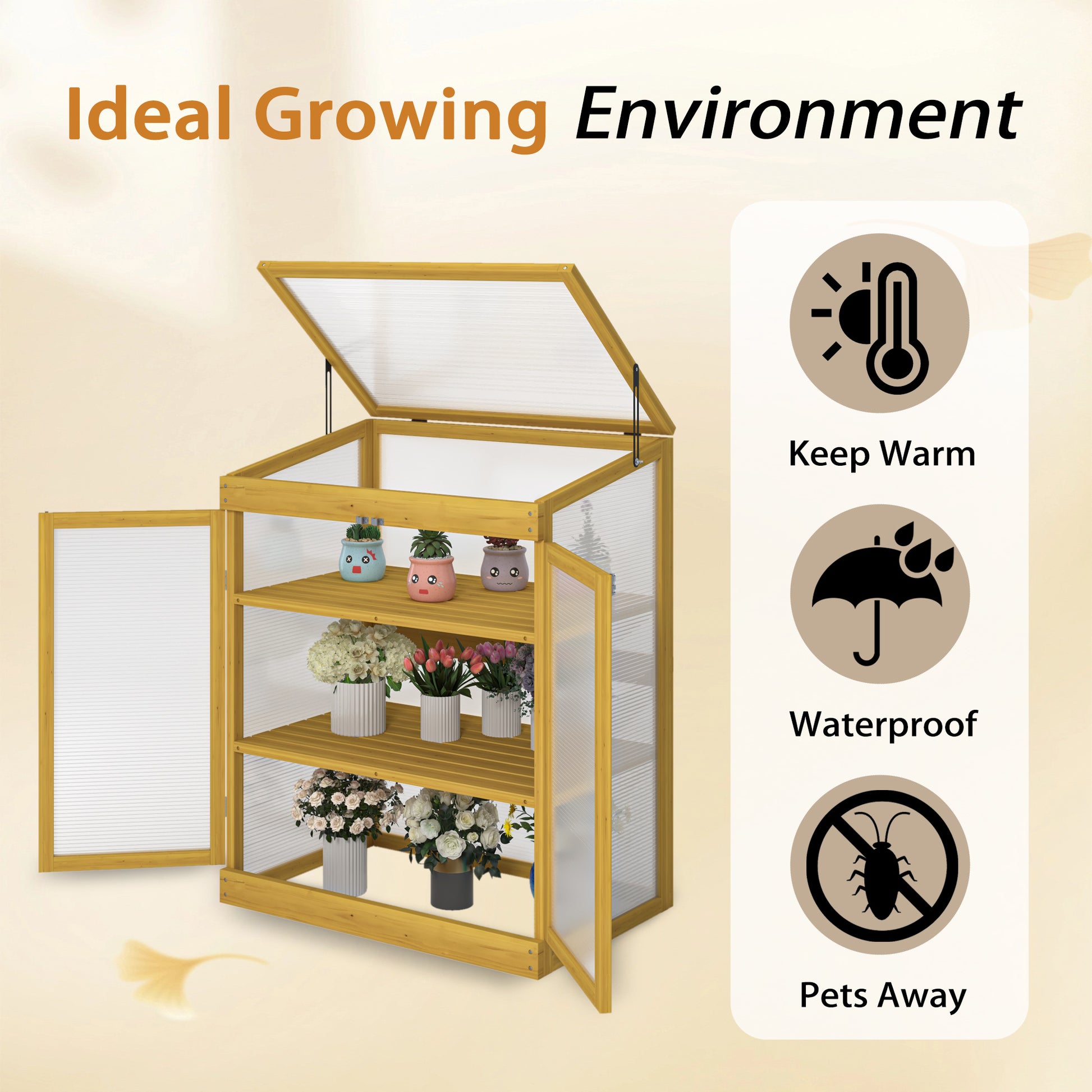 Wooden greenhouse with clear polycarbonate panels perfect for starting seedlings