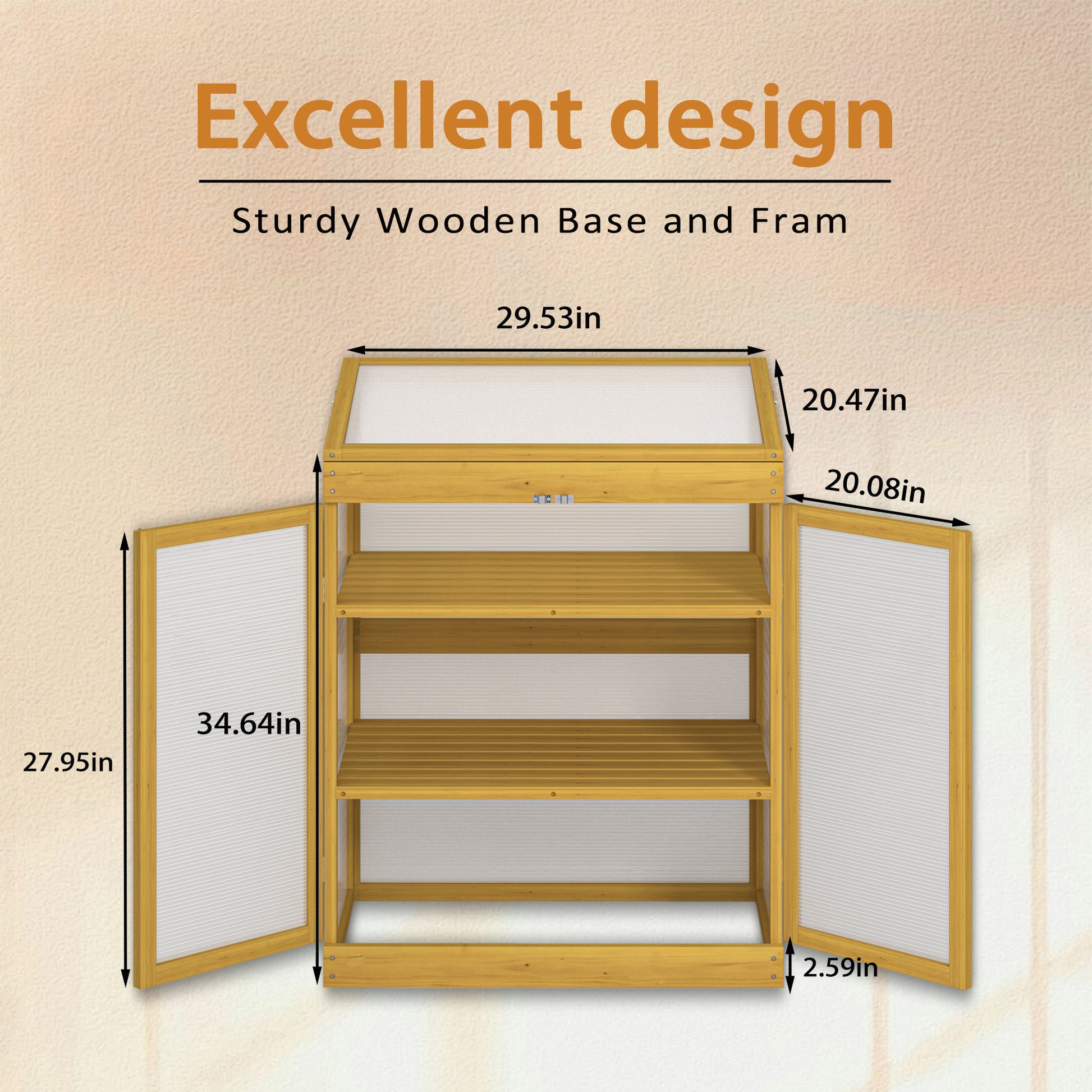 Wooden greenhouse with clear polycarbonate panels three shelves and double doors