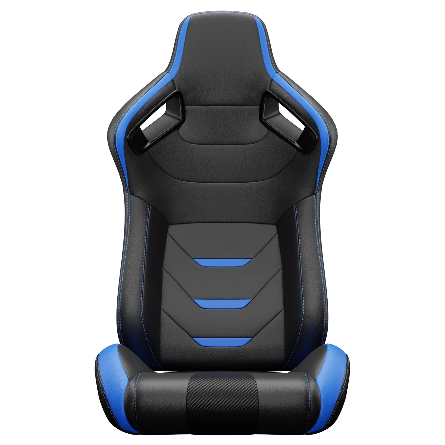 Black and blue racing gaming chair with lumbar support and carbon fiber accents