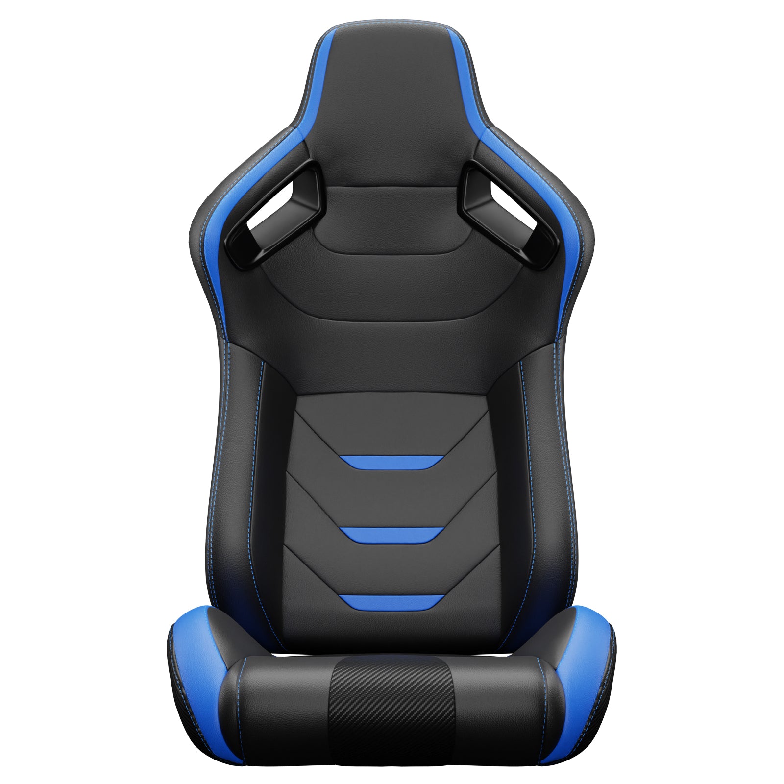 Black and blue racing gaming chair with lumbar support and carbon fiber accents