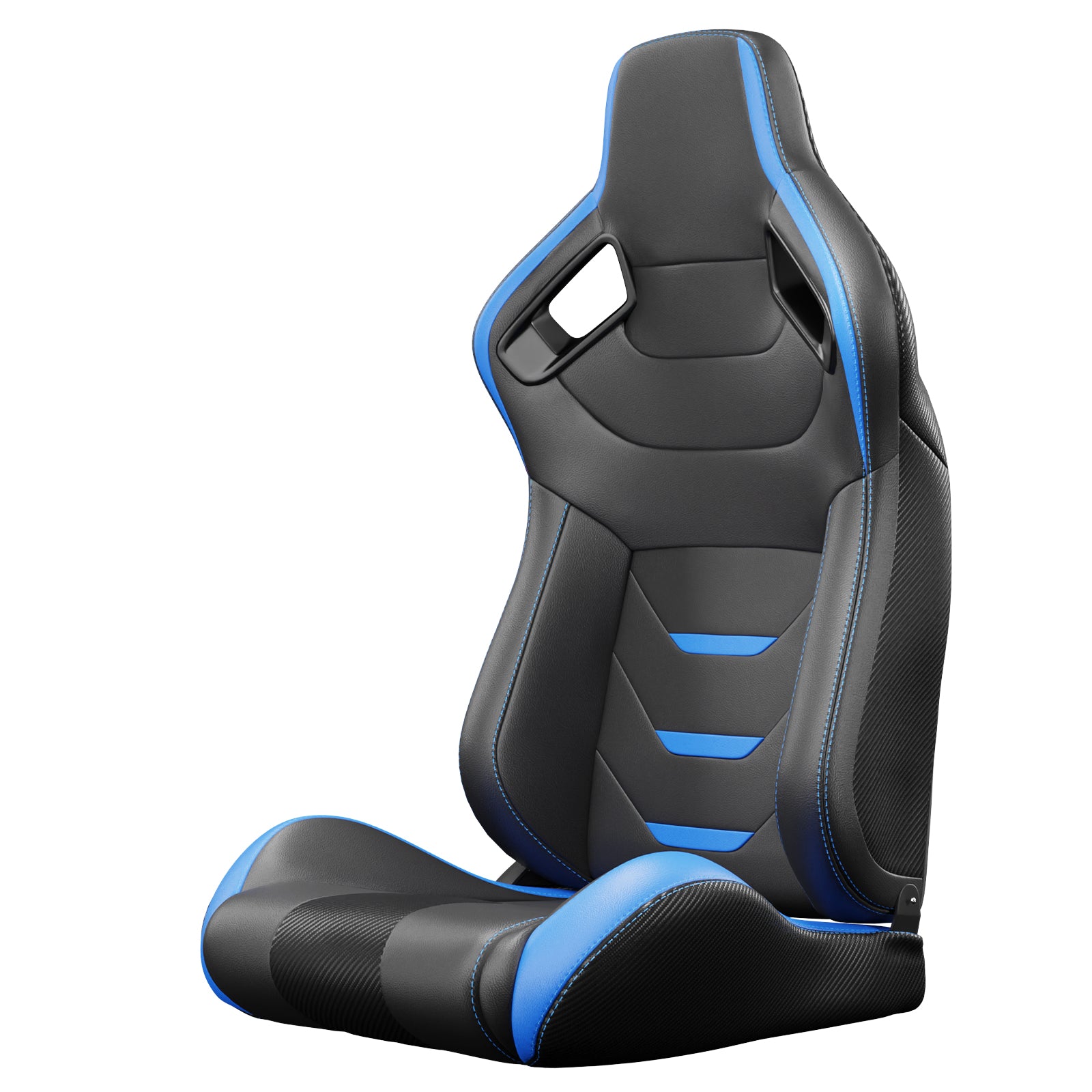 Black and blue racing gaming chair with carbon fiber accents and contrast stitching