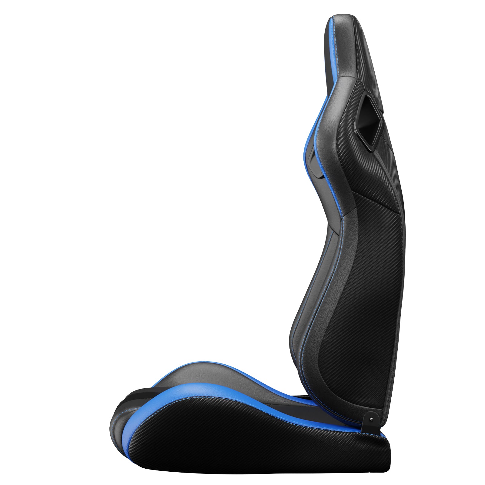Black gaming chair with blue accents featuring carbon fiber pattern and lumbar support