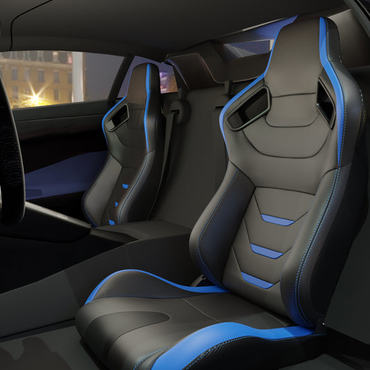 Black and blue leather racing seats with stitched detailing for a sporty car interior