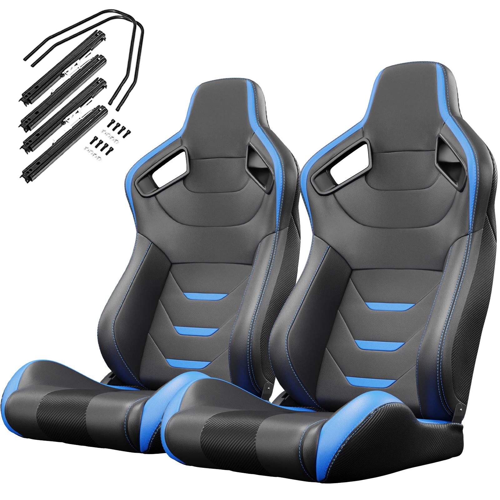 Pair of black racing seats with blue accents and included mounting hardware