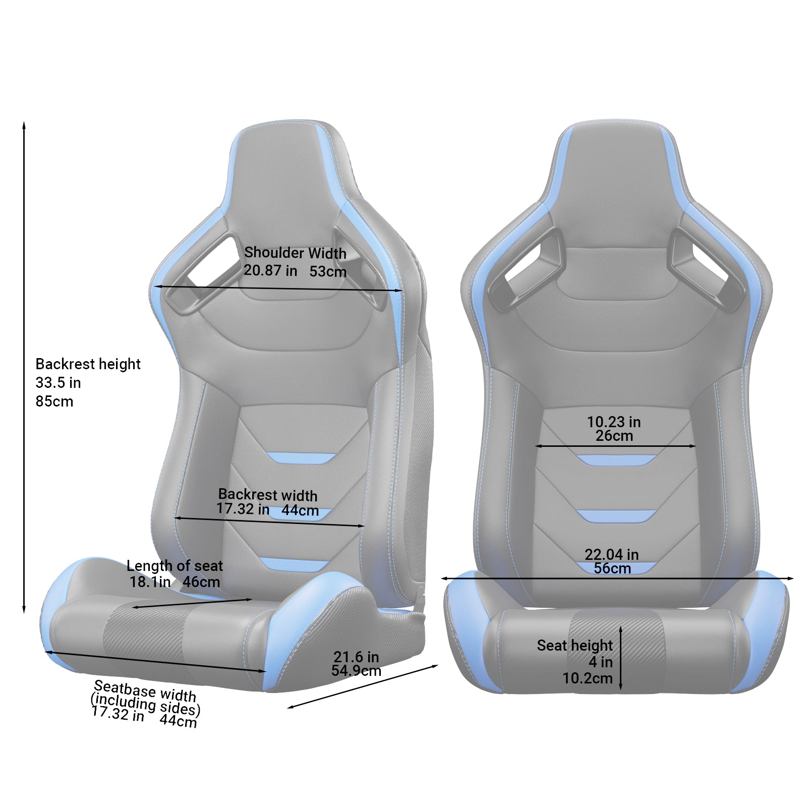 Gray racing seat with blue accents featuring shoulder width of  inches