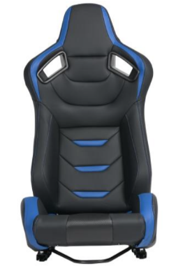 Ergonomic racing gaming chair with black and blue faux leather upholstery for intense sessions
