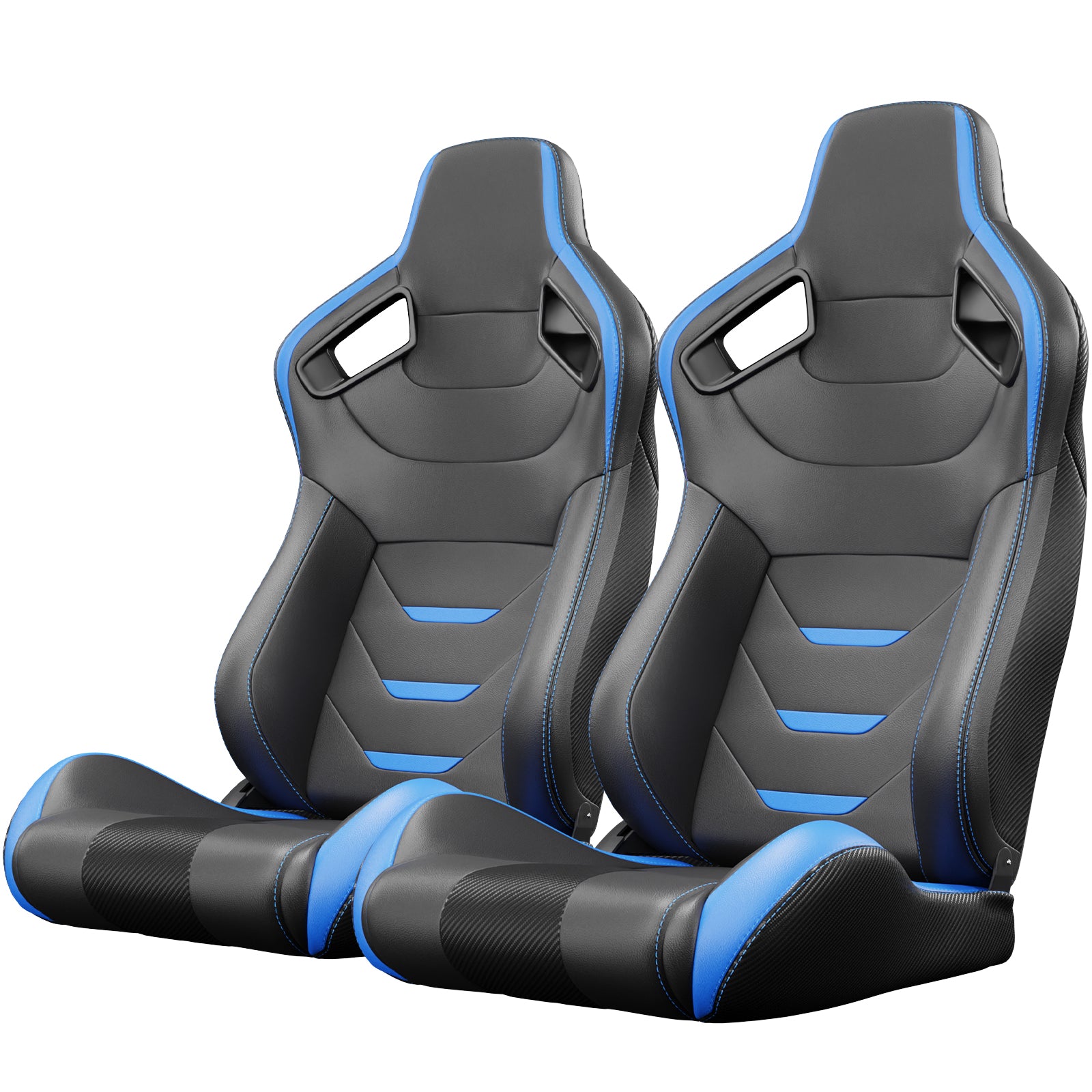 Pair of black and blue racing seats with carbon fiber accents