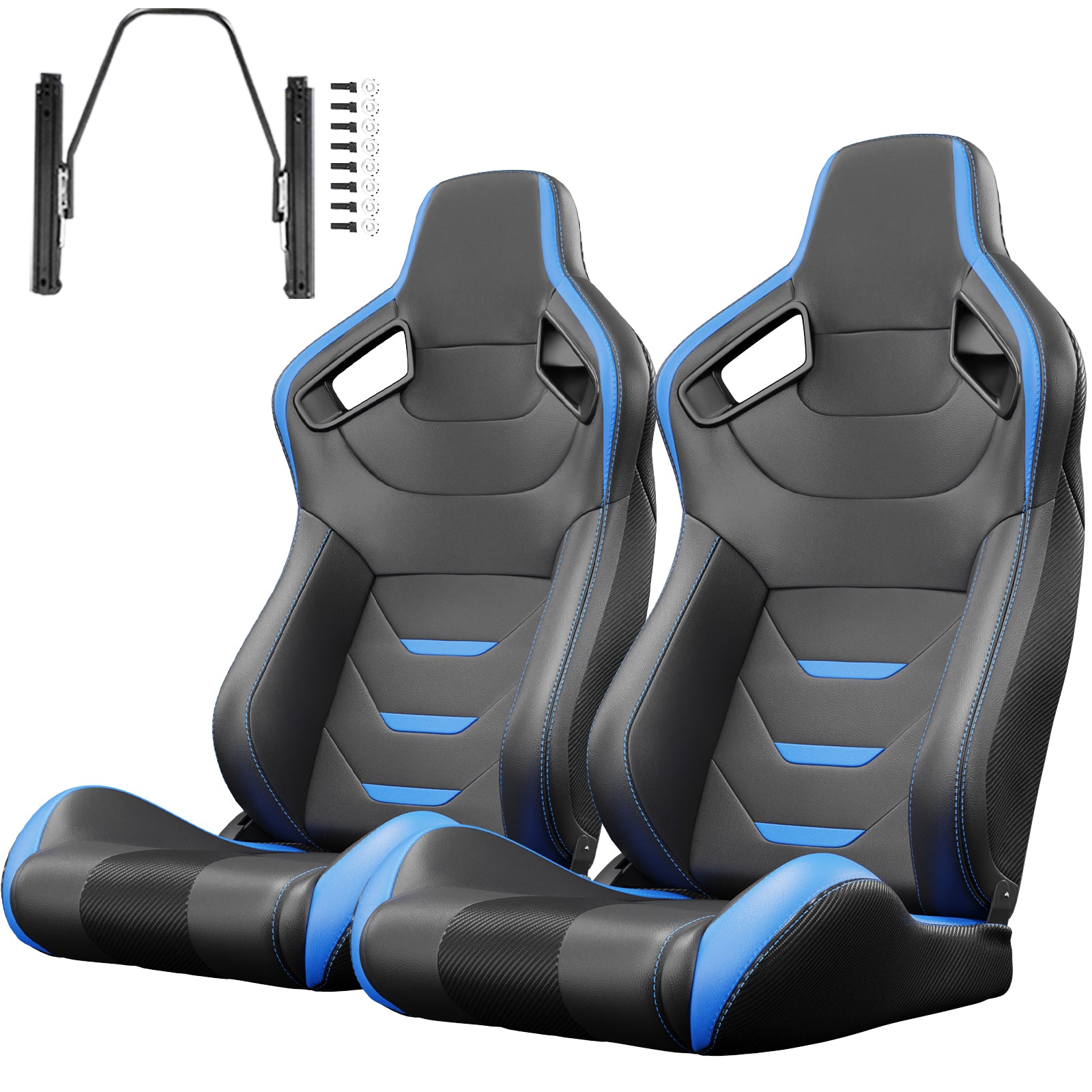 Pair of black racing bucket seats with blue accents and carbon fiber sides