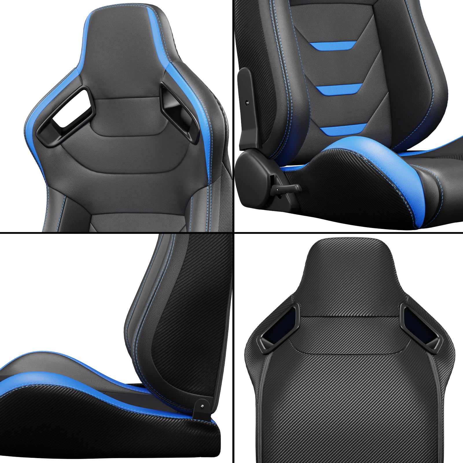 Black and blue racing chair with carbon fiber accents and contrast stitching