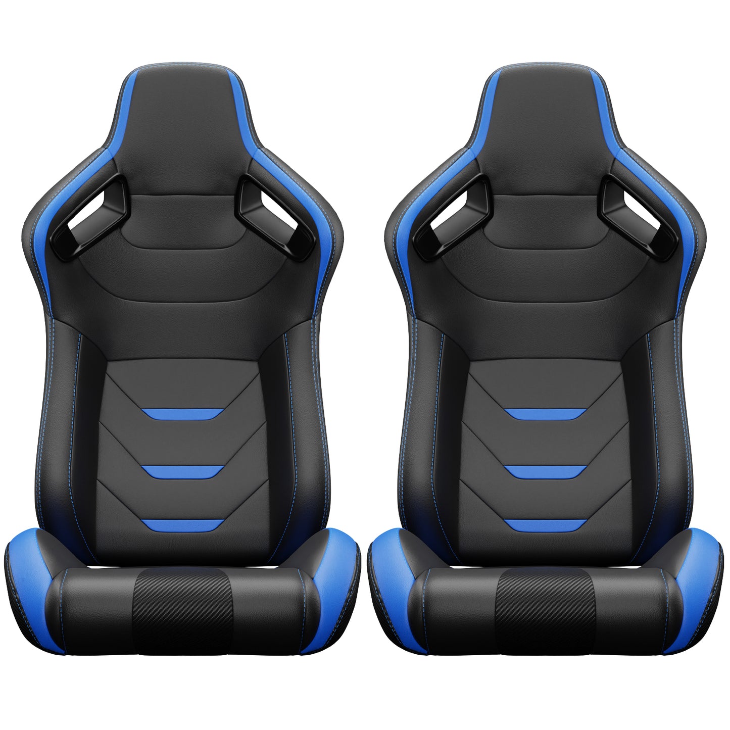 Two black and blue racing gaming chairs with carbon fiber accents