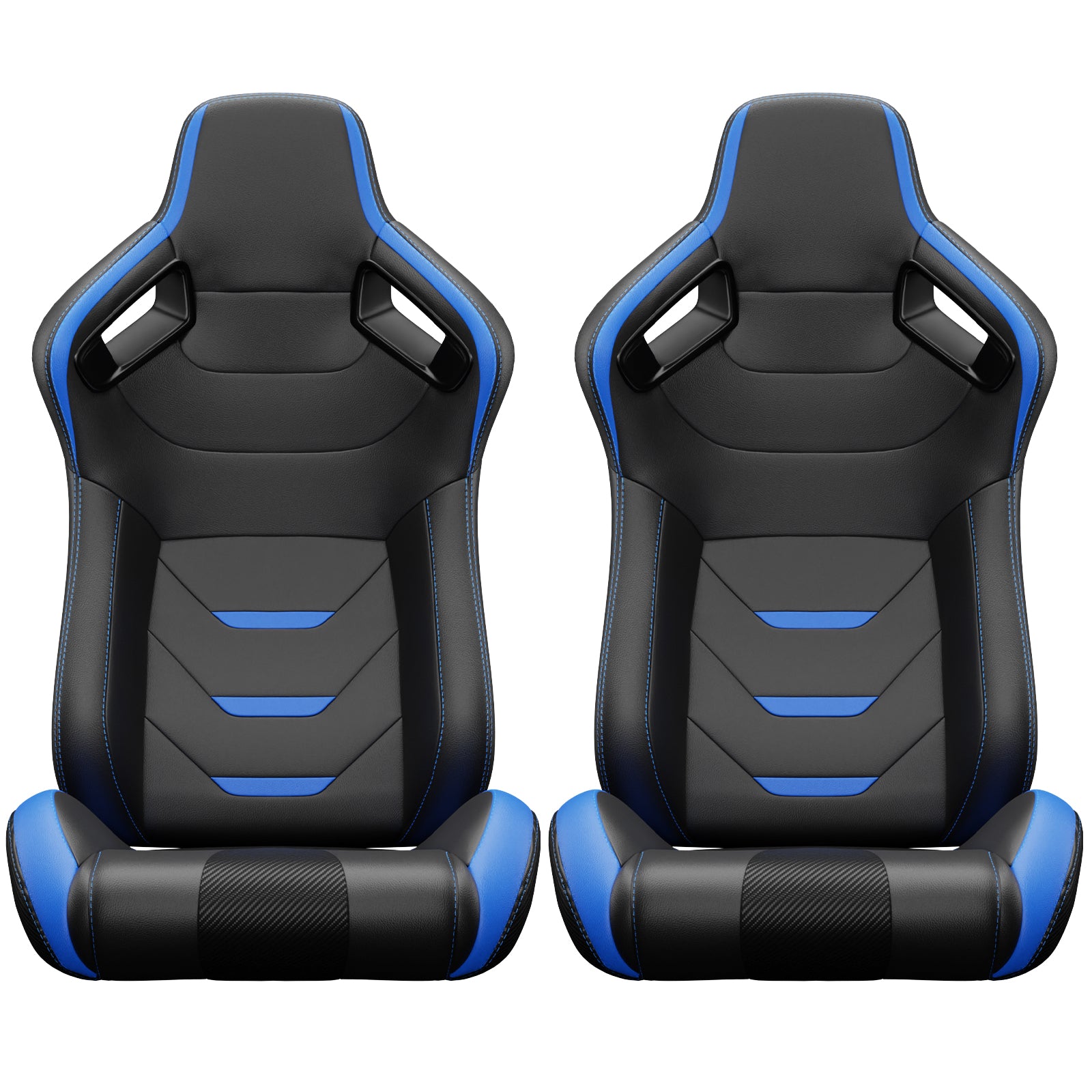 Two black and blue racing gaming chairs with carbon fiber accents