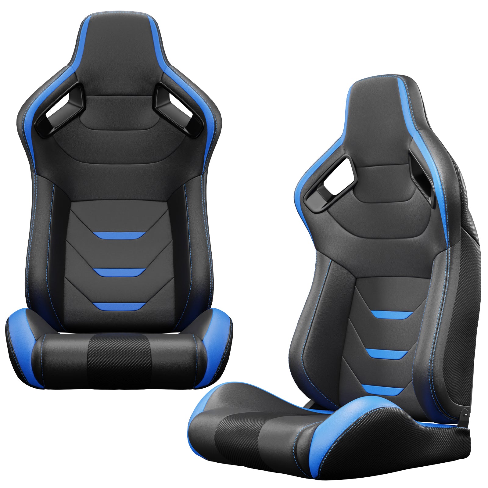 Black and blue racing gaming chair with carbon fiber accents