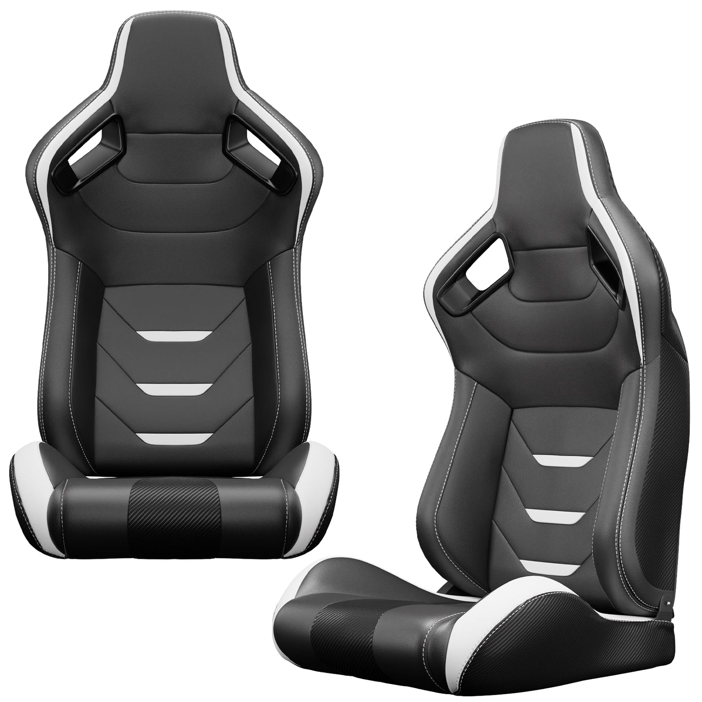 Black and white racing bucket seat with carbon fiber accents and white stitching