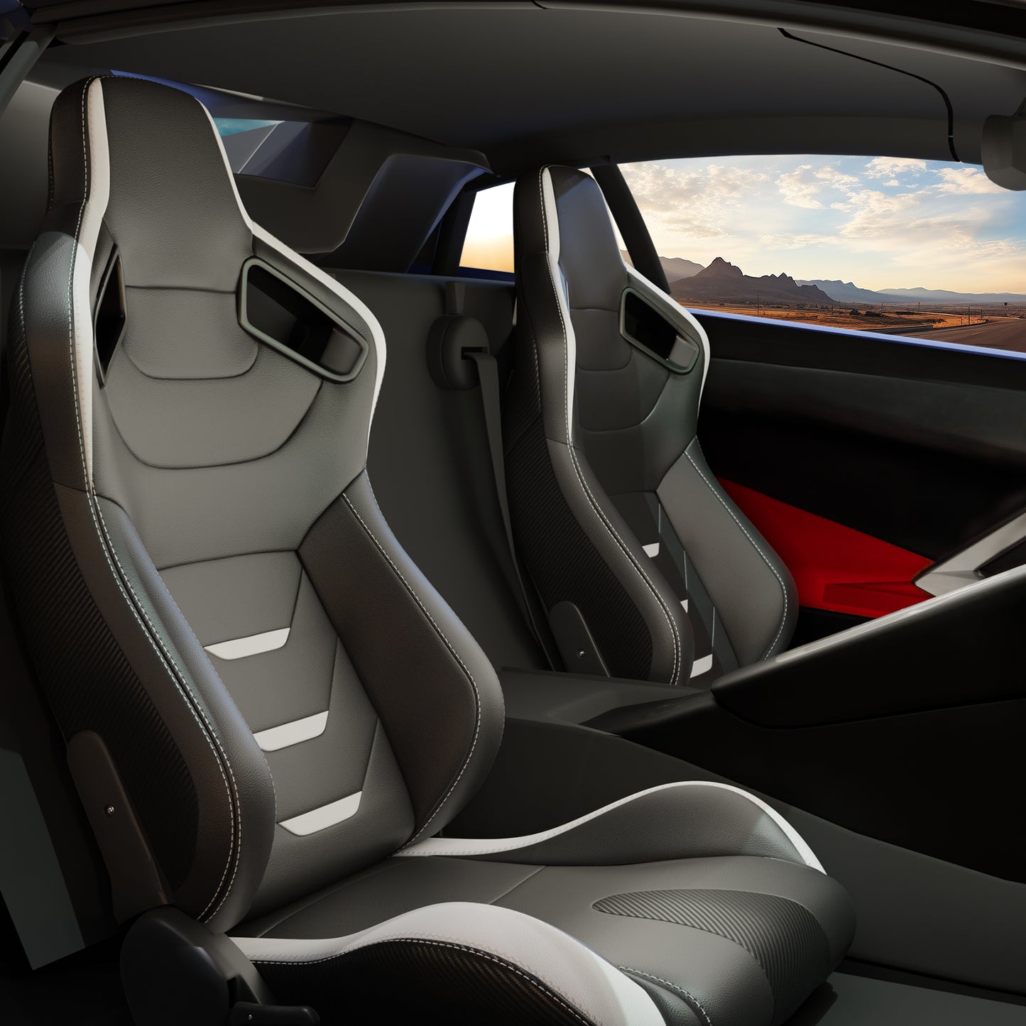 Black leather sport bucket seats with white stitching and gray accents for a performance car