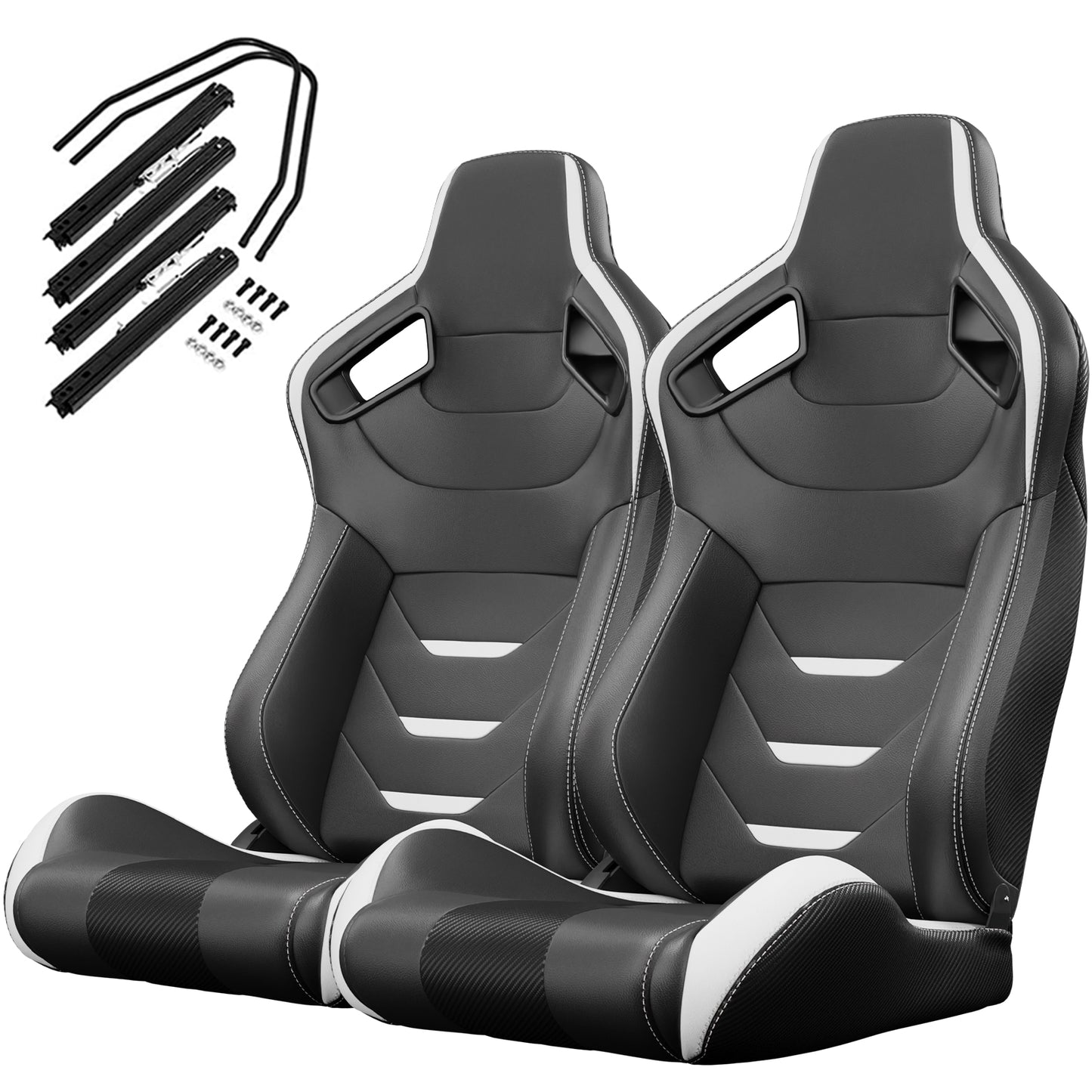 Pair of black racing bucket seats with white trim and sliders